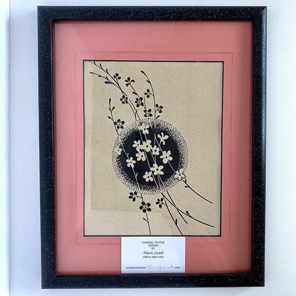 c1920-1940 Marie Szach Original Ink Textile Design Framed Drawing 12.5x15.5in - Picture 2 of 6